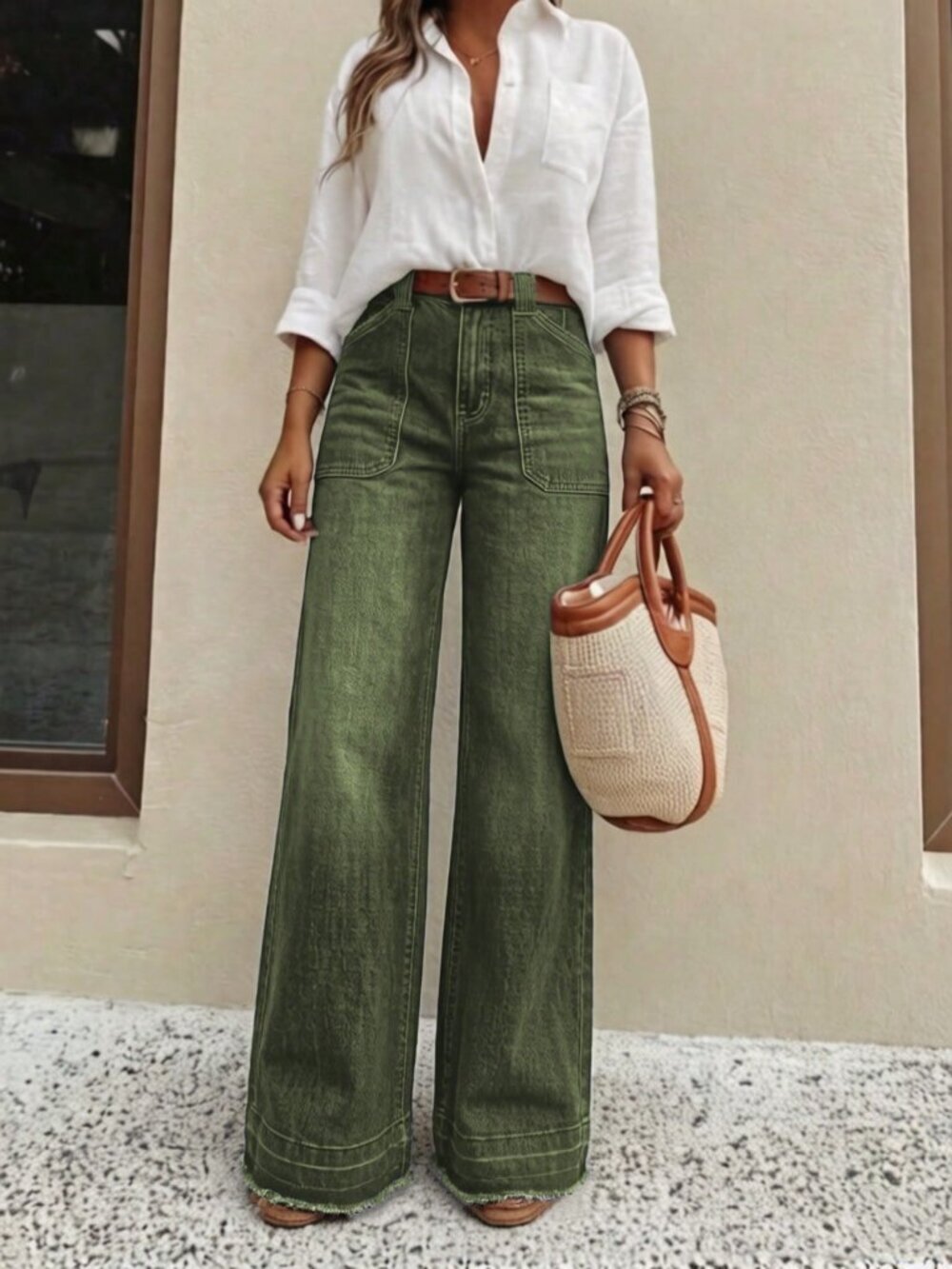 Army Green Casual Women's Loose Fit Wide Leg Jeans